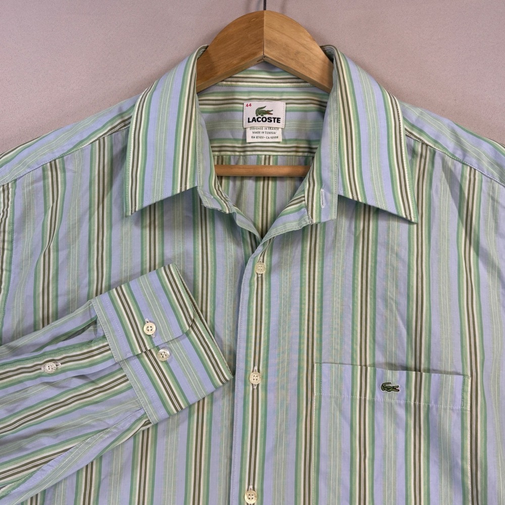 Lacoste Button Down Mens 44 Large Green Blue Stripe Cotton Logo Casual Shirt